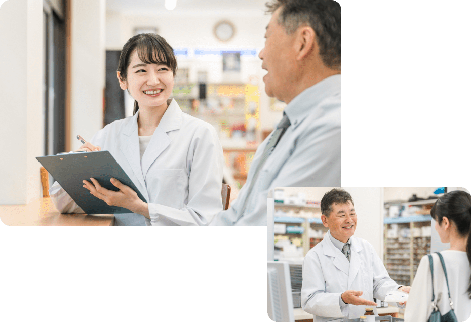 相談や談笑をしている薬局での風景