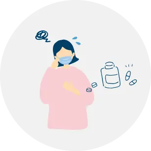 女性が困った表情で薬の袋を持っているイラスト